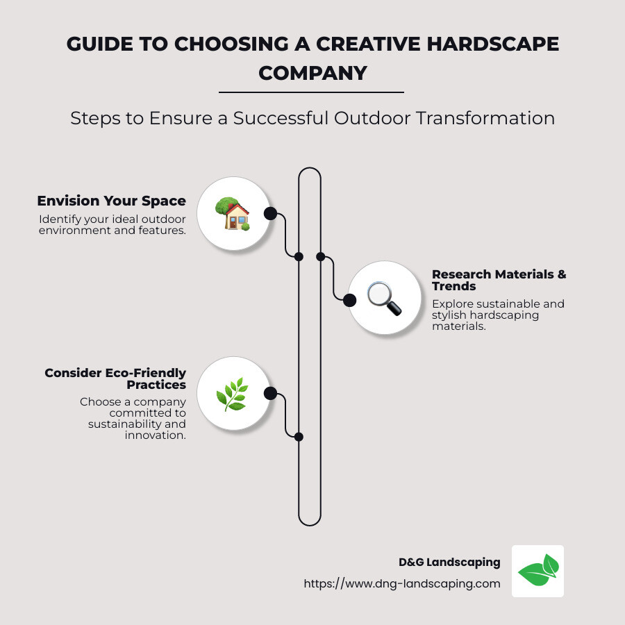 Essential tips for finding a creative hardscape company including reviewing portfolios and prioritizing sustainable practices - creative hardscape company infographic infographic-line-3-steps-neat_beige