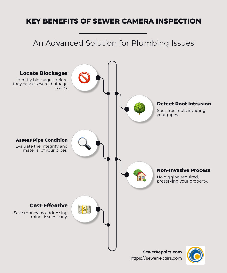 Details of sewer camera inspection benefits infographic - sewer camera inspection service infographic infographic-line-5-steps-neat_beige