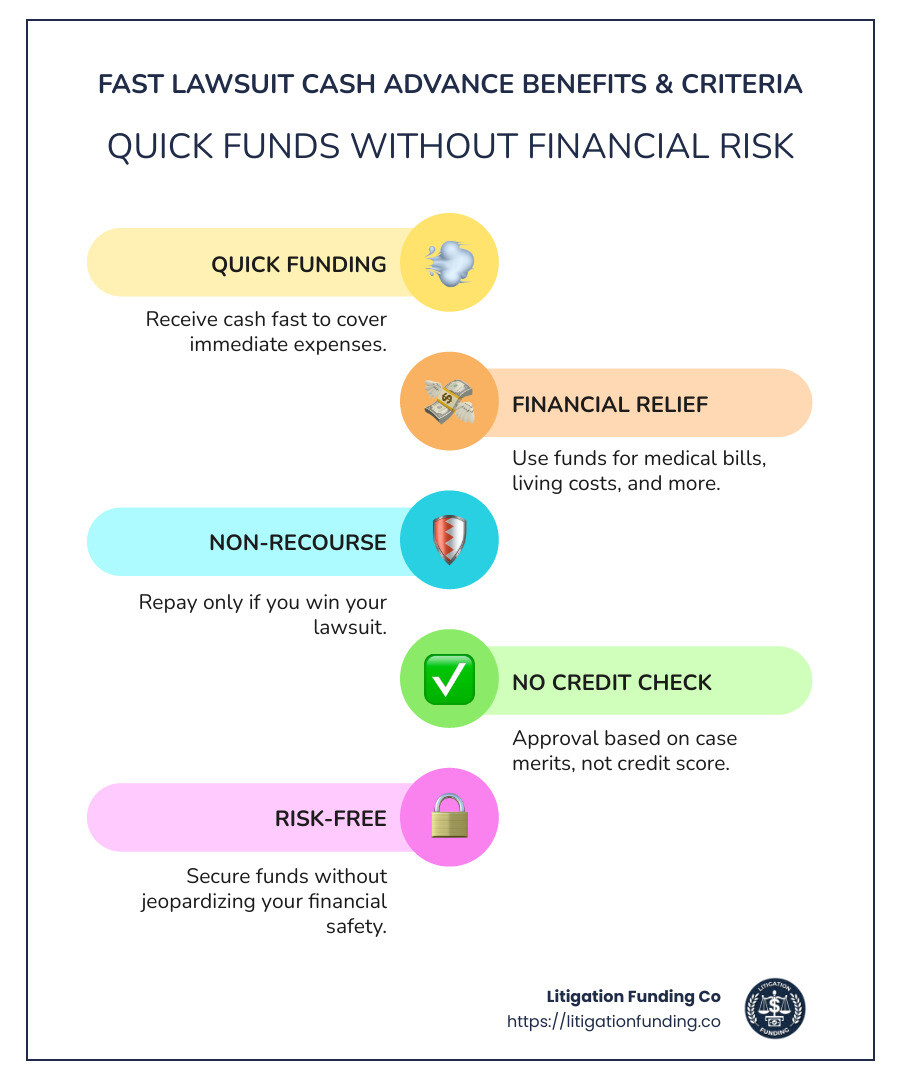 Infographic summarizing fast lawsuit cash advance benefits and criteria: quick funding, non-recourse, covers expenses, personal injury and civil lawsuit eligibility, no credit check, risk-free. - Fast lawsuit cash advance infographic infographic-line-5-steps-colors
