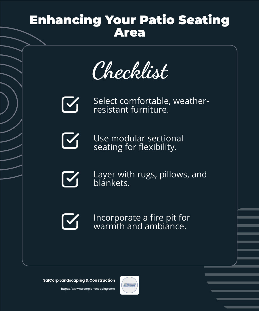 Comfortable outdoor seating improves any patio space. - outdoor patio renovations infographic checklist-dark-blue