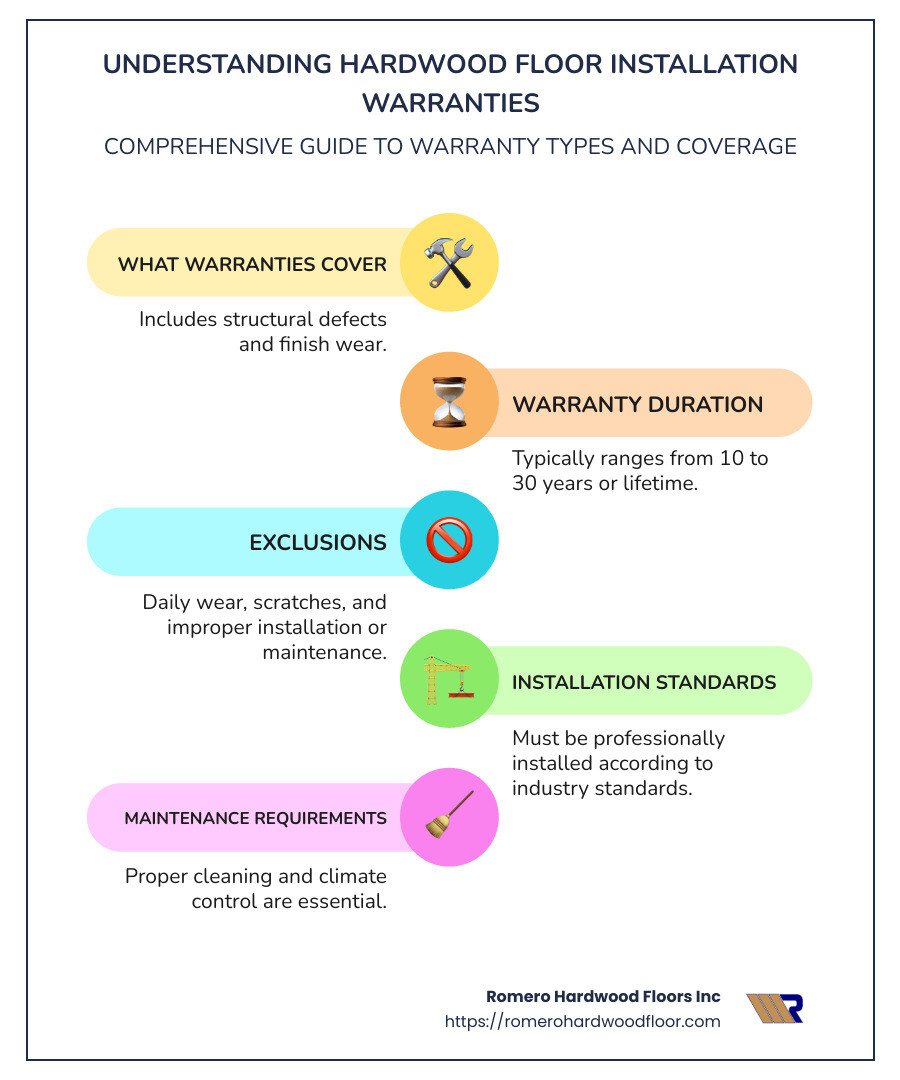 Detailed infographic showing types of hardwood floor installation warranties, what they cover, how long they typically last, and common exclusions like scratches or improper maintenance - Hardwood floor installation warranty infographic infographic-line-5-steps-colors