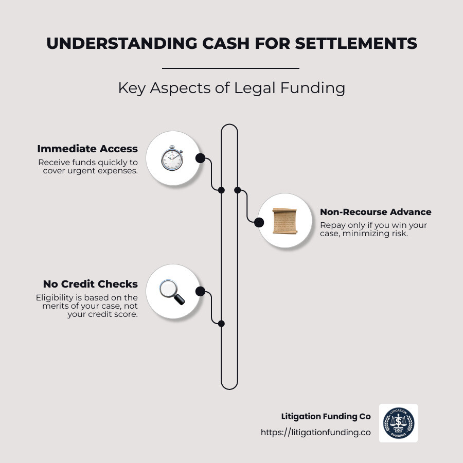 infographic explaining cash for settlements benefits and process - cash for settlements infographic infographic-line-3-steps-neat_beige