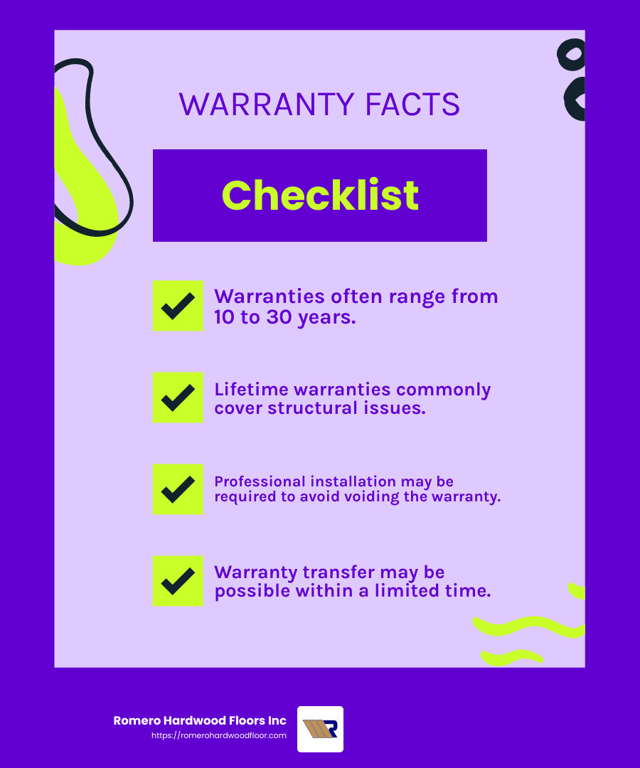 Warranty Duration and Conditions - Hardwood floor installation warranty infographic checklist-fun-neon