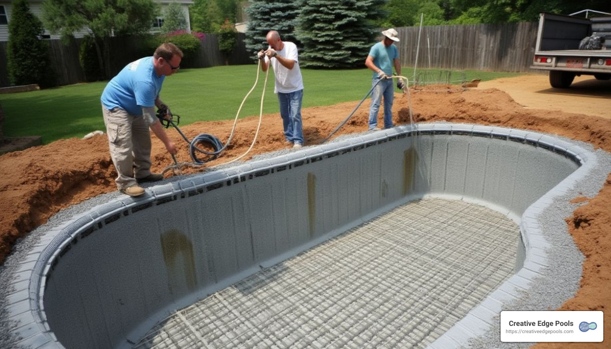 Men applying gunite to a steel-reinforced pool structure, showcasing the construction process for durable gunite pools, with Creative Edge Pools branding visible.