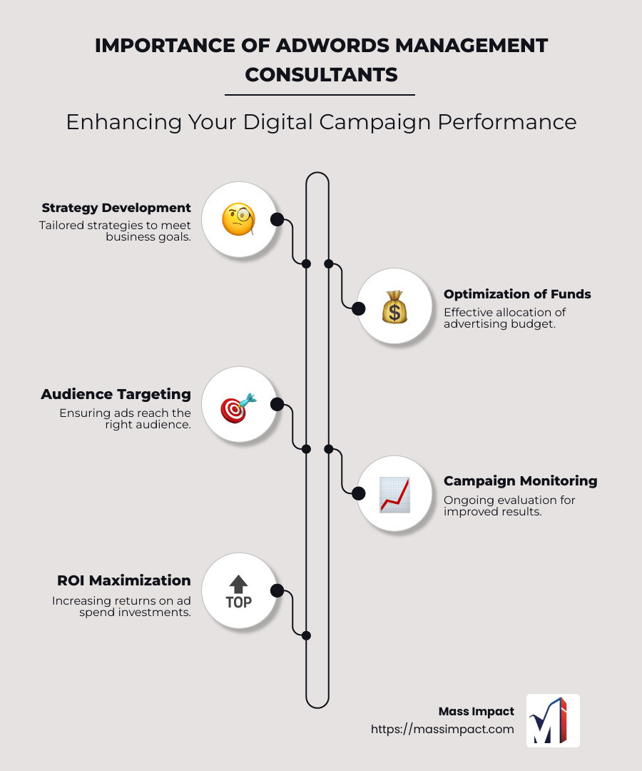 Importance of AdWords Management Consultants - Infographic showing how consultants improve digital campaign performance, detailing key roles like strategy development, optimization of funds, audience targeting, and ROI maximization. - adwords management consultants infographic infographic-line-5-steps-neat_beige