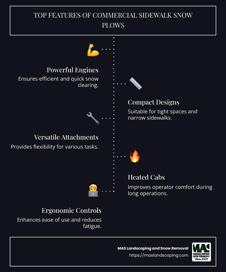 Infographic about top features of commercial sidewalk snow plows - commercial sidewalk snow plow infographic infographic-line-5-steps-dark