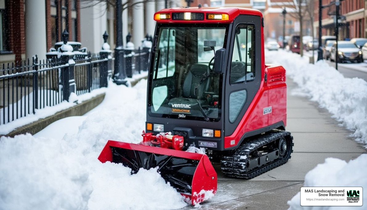 Ventrac SSV clearing snow - commercial sidewalk snow plow