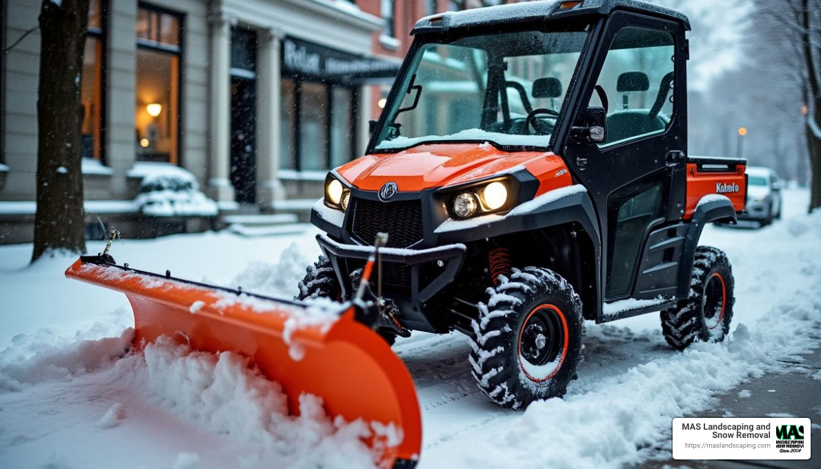 Kubota UTV plowing snow - commercial sidewalk snow plow