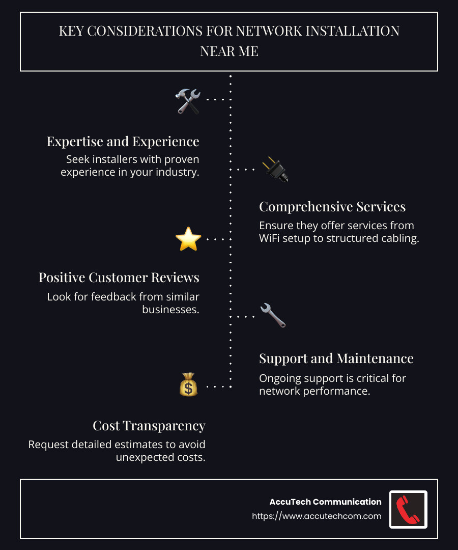 Infographic on Key Considerations for Network Installation Near Me - network installation near me infographic infographic-line-5-steps-dark