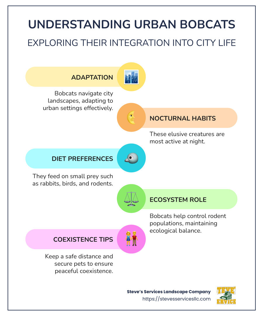 Infographic showing bobcats in suburban environments, highlighting population growth, habitat adaptability, and typical urban areas where they are found - backyard bobcat infographic infographic-line-5-steps-colors