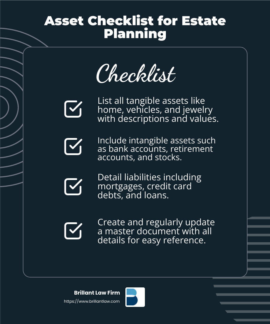 Taking stock of your assets is crucial for estate planning. - asset checklist for estate planning infographic checklist-dark-blue