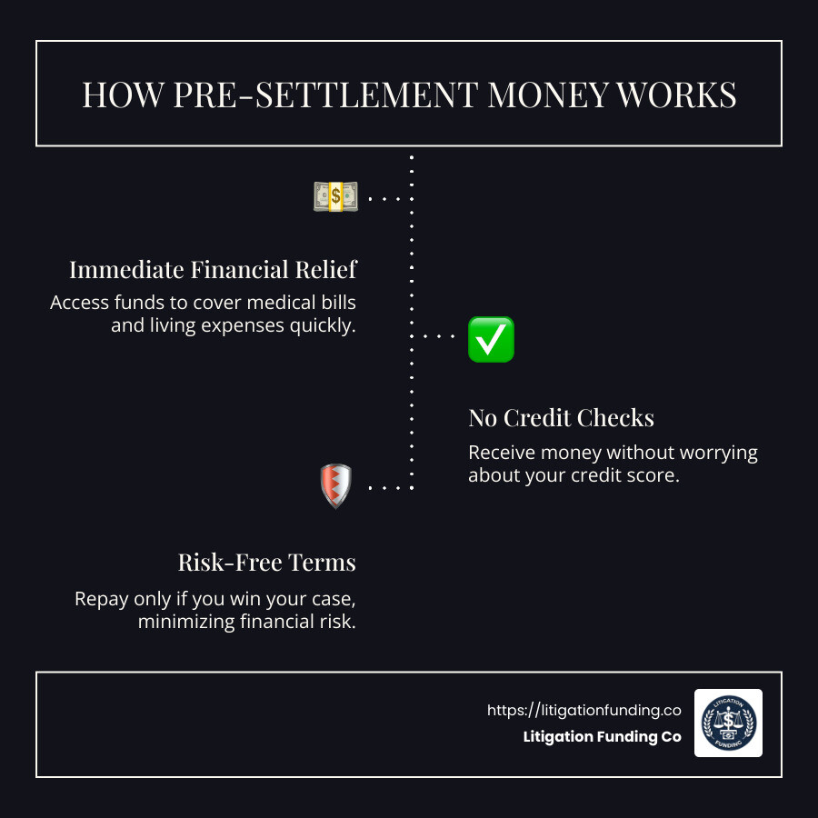 Infographic explaining pre settlement money: Key points include immediate financial relief during lawsuits, no credit checks required, and risk-free terms, such as only repaying if you win the case. - pre settlement money infographic infographic-line-3-steps-dark