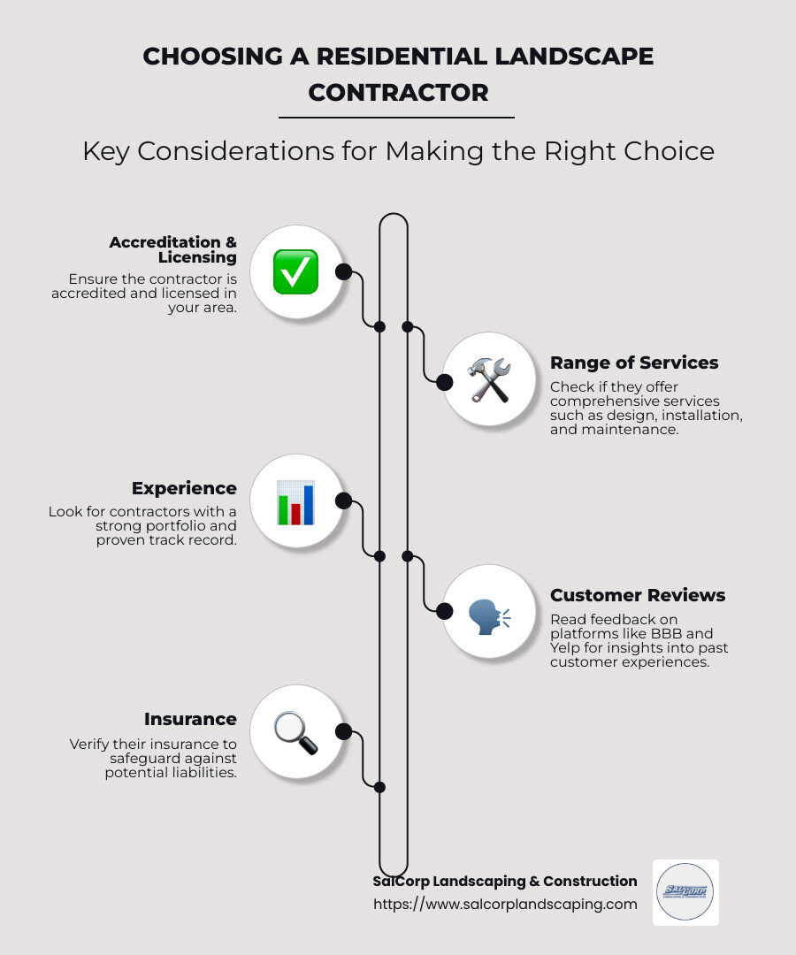 Infographic detailing key considerations when choosing a residential landscape contractor, including accreditation, services offered, experience, reviews, and insurance - residential landscape contractors near me infographic infographic-line-5-steps-neat_beige