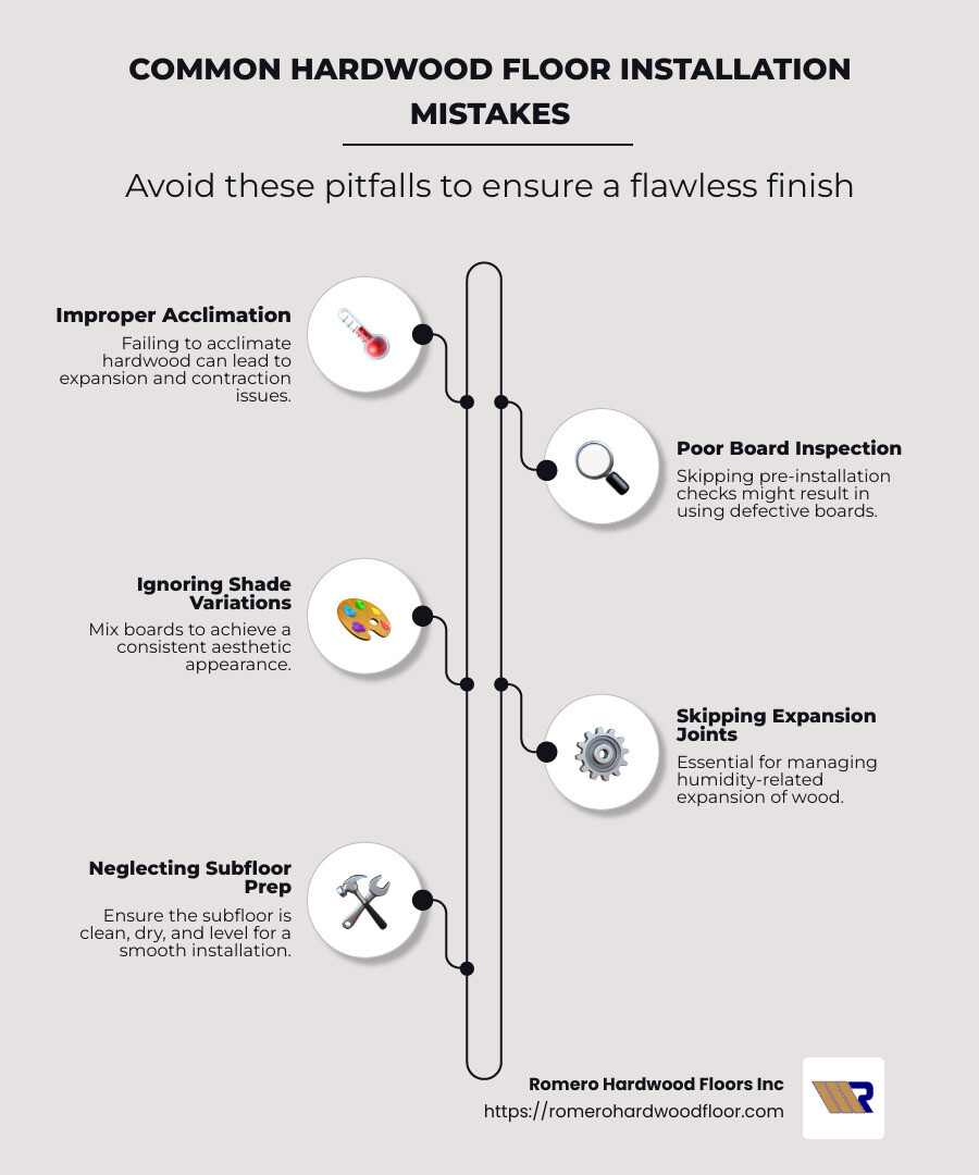 A detailed infographic listing the top hardwood floor installation mistakes such as acclimation, board inspection, dealing with shade variations, expansion joints, nail spacing, and subfloor preparation, with brief explanations for each - Hardwood floor installation mistakes infographic infographic-line-5-steps-neat_beige