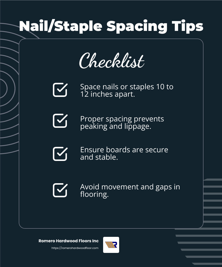 Proper nail spacing is crucial for avoiding floor movement and lippage. - Hardwood floor installation mistakes infographic checklist-dark-blue