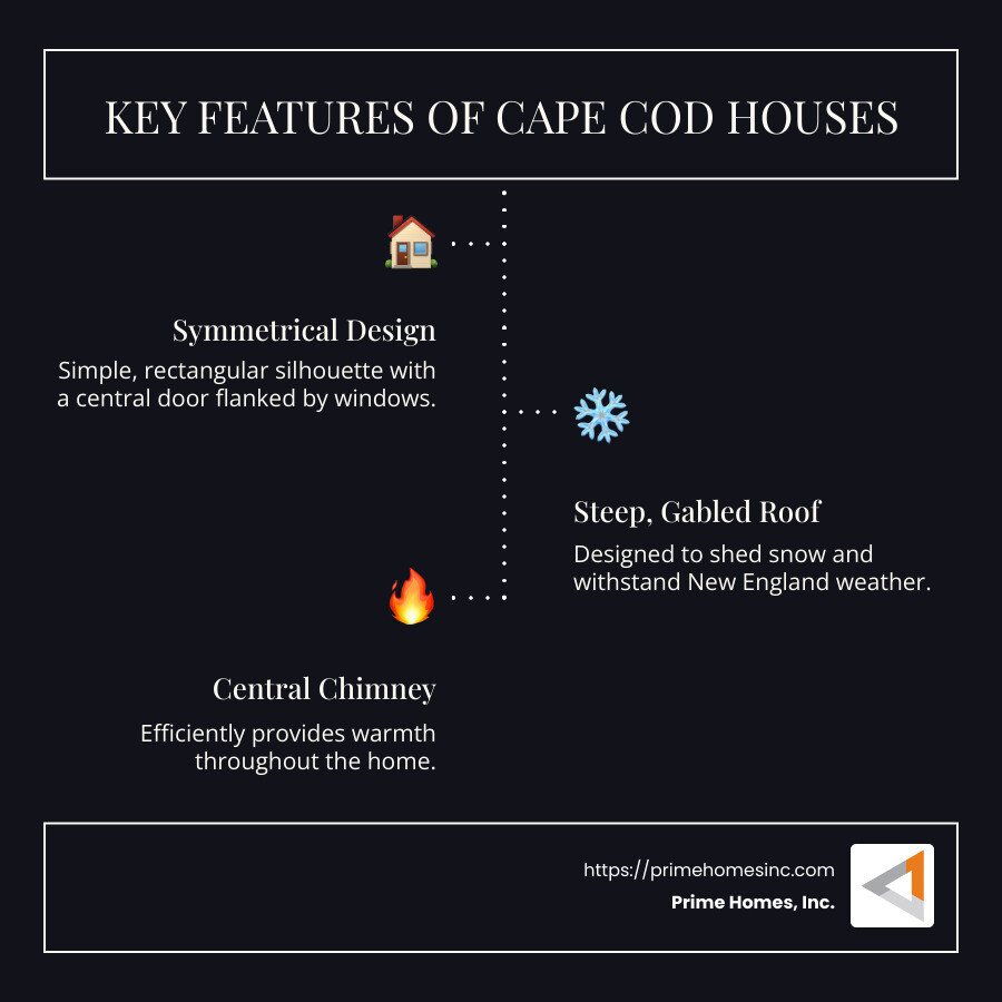 Infographic: Cape Cod house key features, including symmetrical facade, steep gabled roof, central chimney, and New England origins - cape cod house infographic infographic-line-3-steps-dark