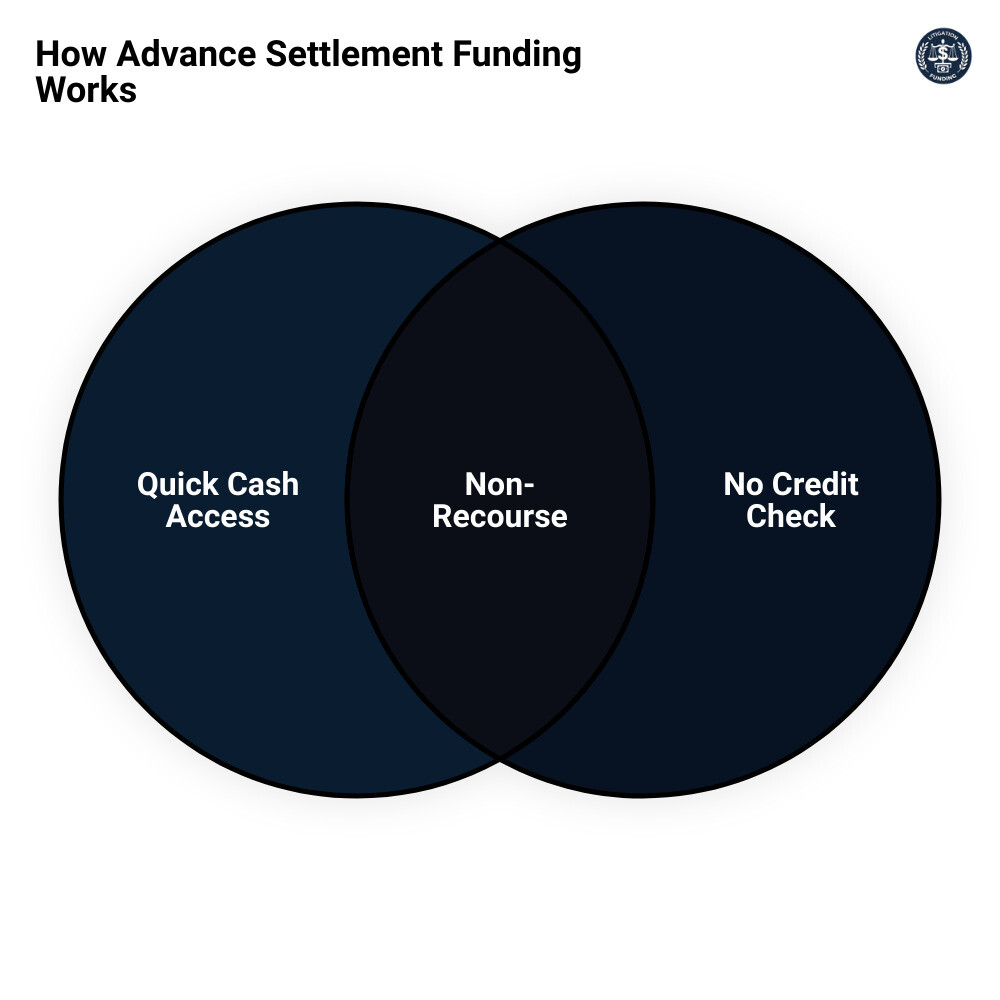 Infographic detailing how advance settlement funding offers quick non-recourse financial solutions without credit checks and assists plaintiffs in managing expenses before a lawsuit is settled - advance settlement funding infographic venn_diagram Infographic detailing how advance settlement funding offers quick non-recourse financial solutions without credit checks and assists plaintiffs in managing expenses before a lawsuit is settled - advance settlement funding infographic venn_diagram