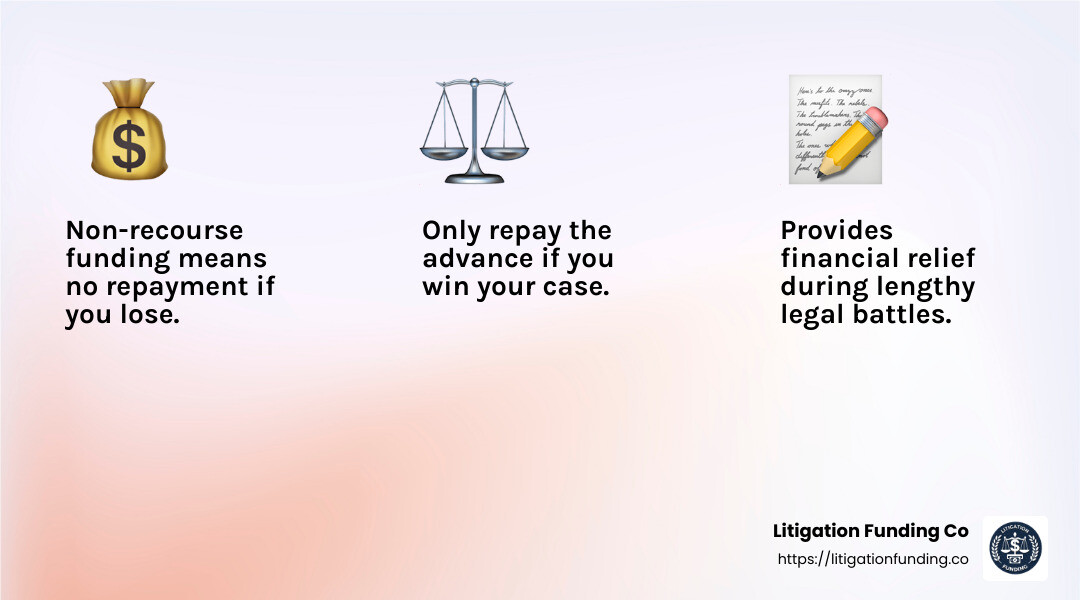 Non-recourse funding means you only repay if you win your case, providing peace of mind. - advance settlement funding infographic 3_facts_emoji_light-gradient Non-recourse funding means you only repay if you win your case, providing peace of mind. - advance settlement funding infographic 3_facts_emoji_light-gradient