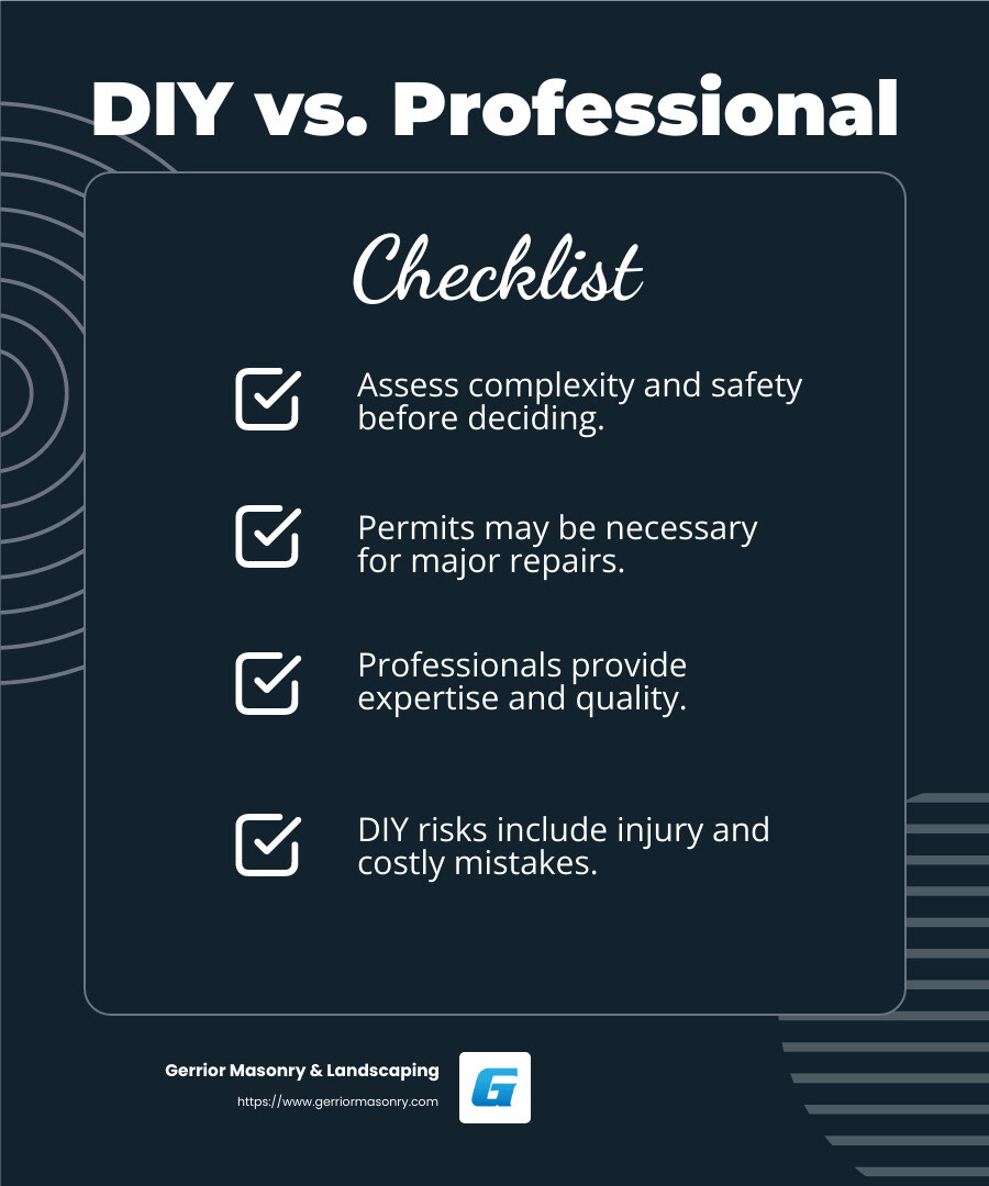 Mending Monuments: The Art of Stone Masonry Repairs 4 Professional masonry work ensures durability and quality - stone masonry repairs infographic checklist-dark-blue