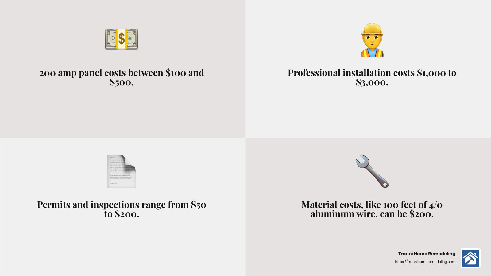 Cost factors for upgrading to a 200 amp service panel - installing a new 200 amp service panel infographic 4_facts_emoji_grey