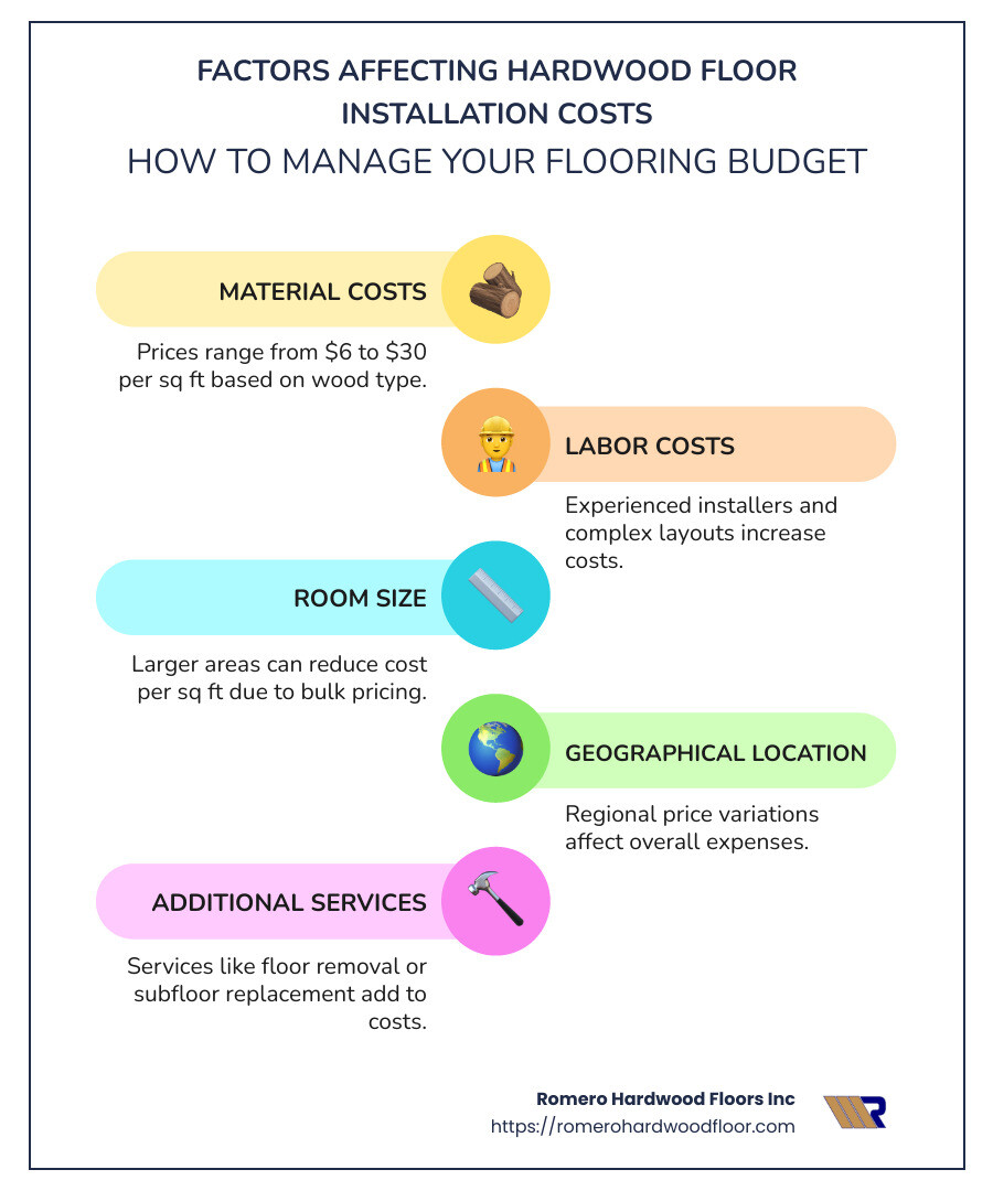 Cost Breakdown Infographic: Hardwood Flooring Installation Costs Per Square Foot and Factors Affecting Cost - how much does it cost to install hardwood floors infographic infographic-line-5-steps-colors