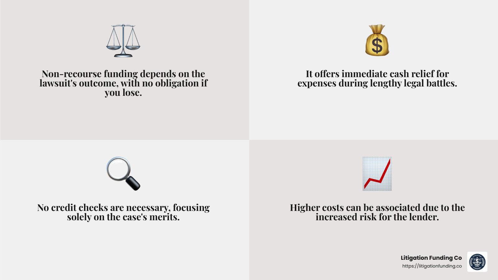 Example of Non-Recourse Financing in Legal Cases - Non-recourse lawsuit funding infographic 4_facts_emoji_grey