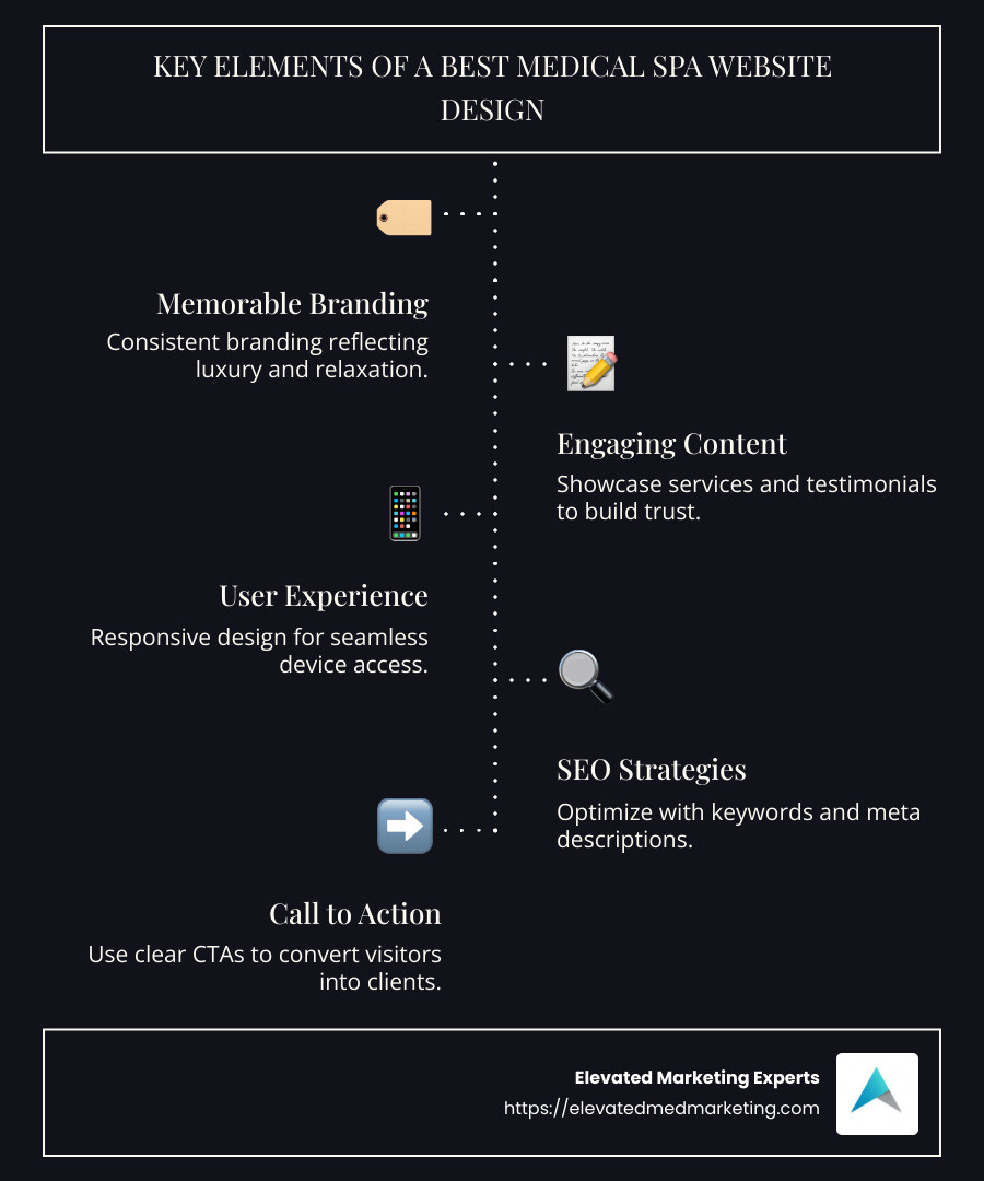 Best medical spa website design infographic, showing elements like branding, user experience, and SEO - best medical spa website design infographic infographic-line-5-steps-dark
