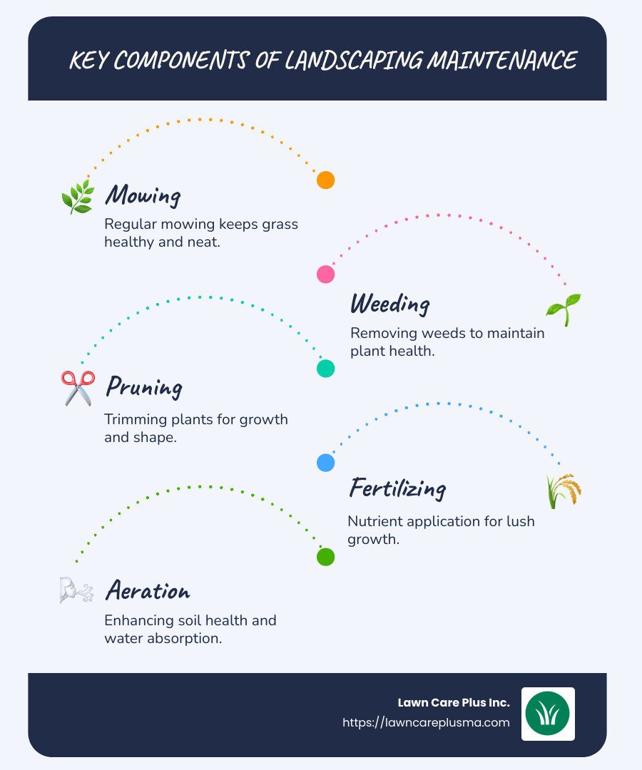 Infographic depicting common landscaping maintenance services like mowing, pruning, seasonal improvements, and emergency weather services - landscaping maintenance services near me infographic infographic-line-5-steps-blues-accent_colors