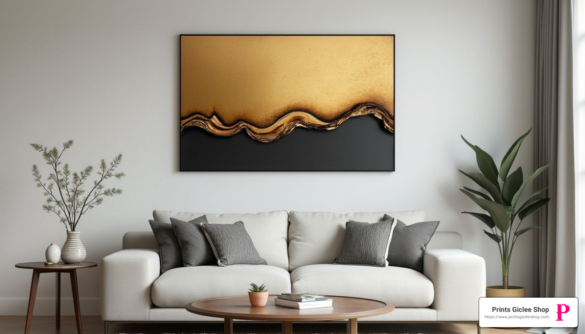 Slick metal print wall art displayed above a modern couch, showcasing its sleek and neat appearance in a contemporary living room setting. - custom metal art prints Slick metal print wall art displayed above a modern couch, showcasing its sleek and neat appearance in a contemporary living room setting. - custom metal art prints