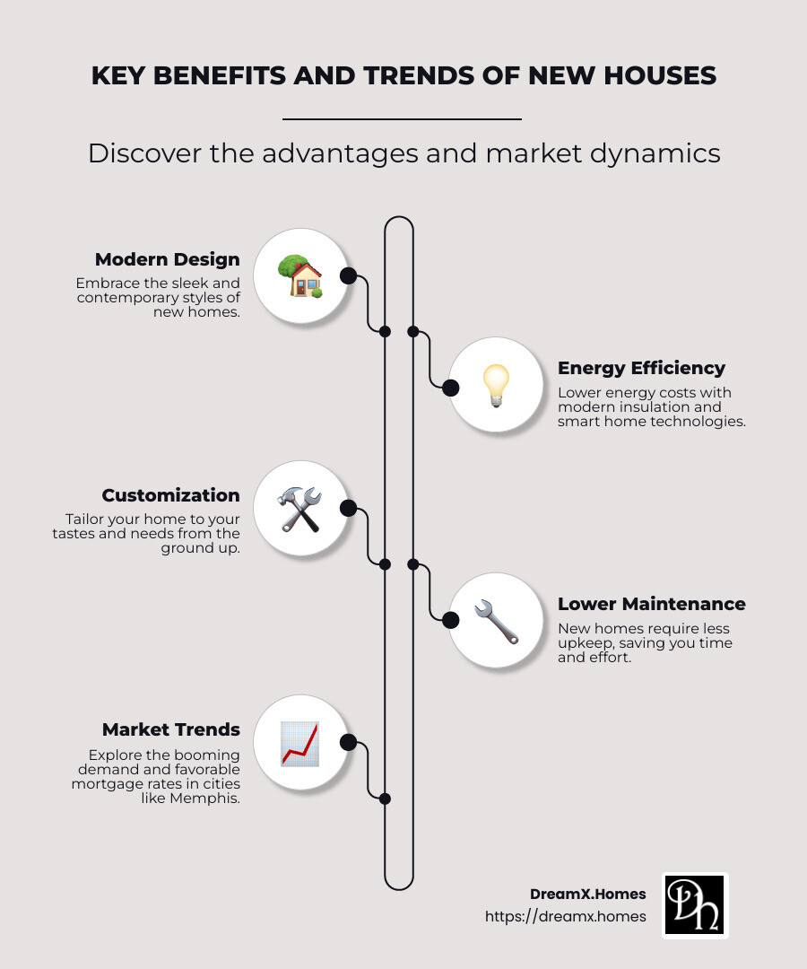 Infographic showing market trends and benefits of new houses, including lower maintenance, higher energy efficiency, and increased customization options - new houses infographic infographic-line-5-steps-neat_beige