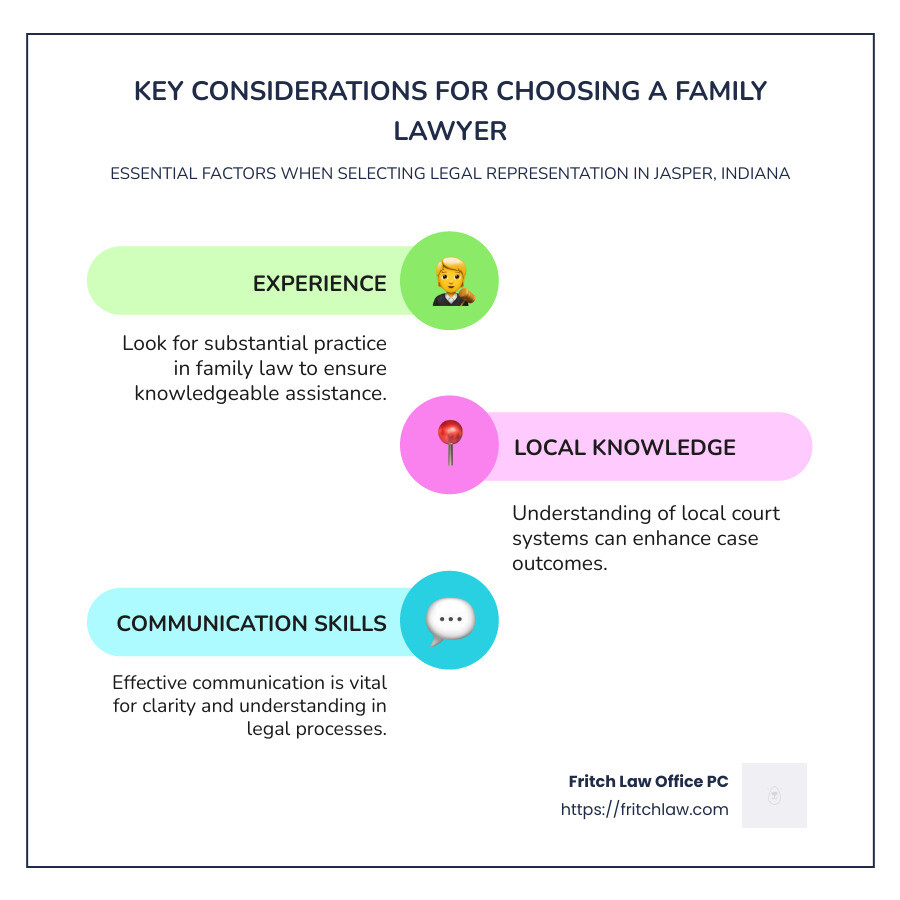 Infographic showing key considerations when choosing a family lawyer in Jasper Indiana: experience, local knowledge, and communication skills - family lawyers in jasper indiana infographic infographic-line-3-steps-colors