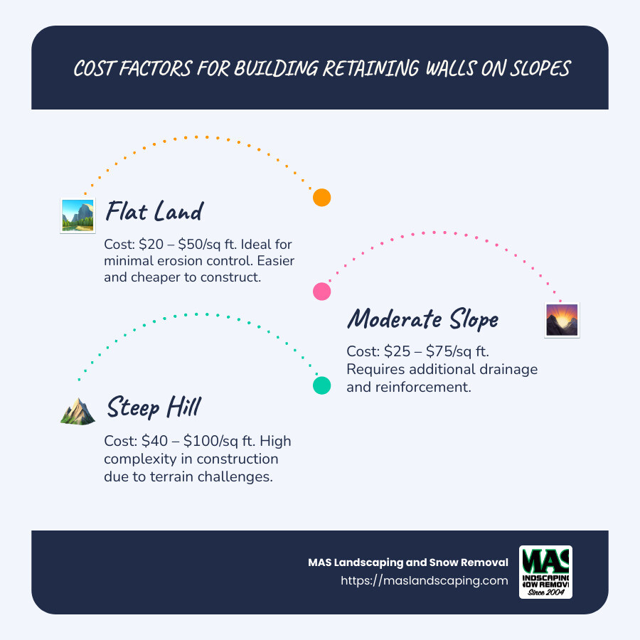 Detailed infographic on retaining wall costs by slope type, showing costs and typical materials for flat land, moderate slope, and steep hill, including a comparison chart with different material options, installation costs, labor impacts, and typical use cases. - building a retaining wall on a slope cost infographic infographic-line-3-steps-blues-accent_colors