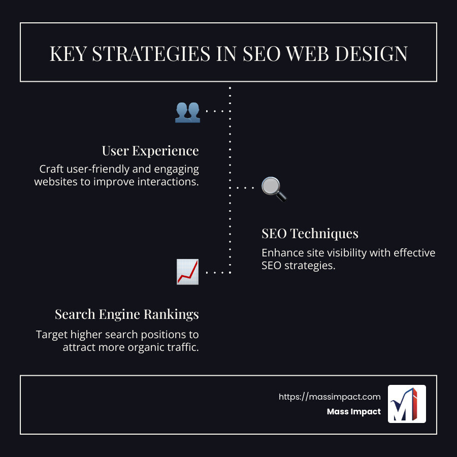 SEO web design strategies infographic: Includes elements like user-friendly design, fast page load times, mobile responsiveness, keyword optimization, and quality content integration - website design and search engine optimization infographic infographic-line-3-steps-dark
