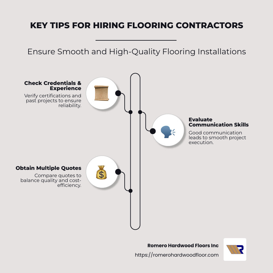 Essential checklist for hiring flooring contractors, including checking credentials, evaluating communication, ensuring quality, and comparing multiple quotes. - flooring contractors infographic infographic-line-3-steps-neat_beige