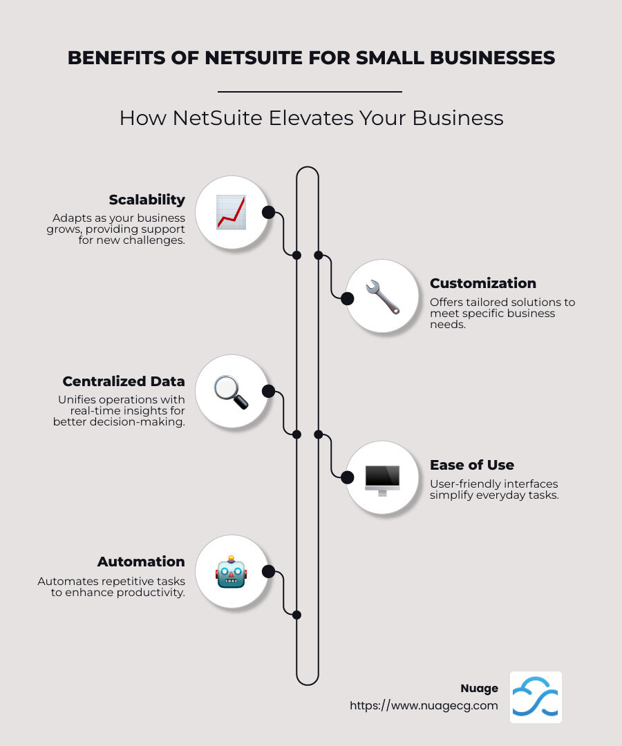 Infographic illustrating the benefits of netsuite for small businesses like scalability, customization, and reduced manual processes in a detailed flowchart layout - NetSuite for small businesses infographic infographic-line-5-steps-neat_beige