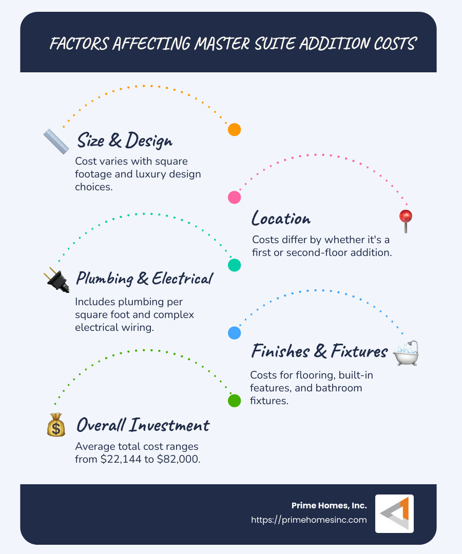 Cost breakdown and factors impacting master suite addition cost - cost of adding master suite infographic infographic-line-5-steps-blues-accent_colors