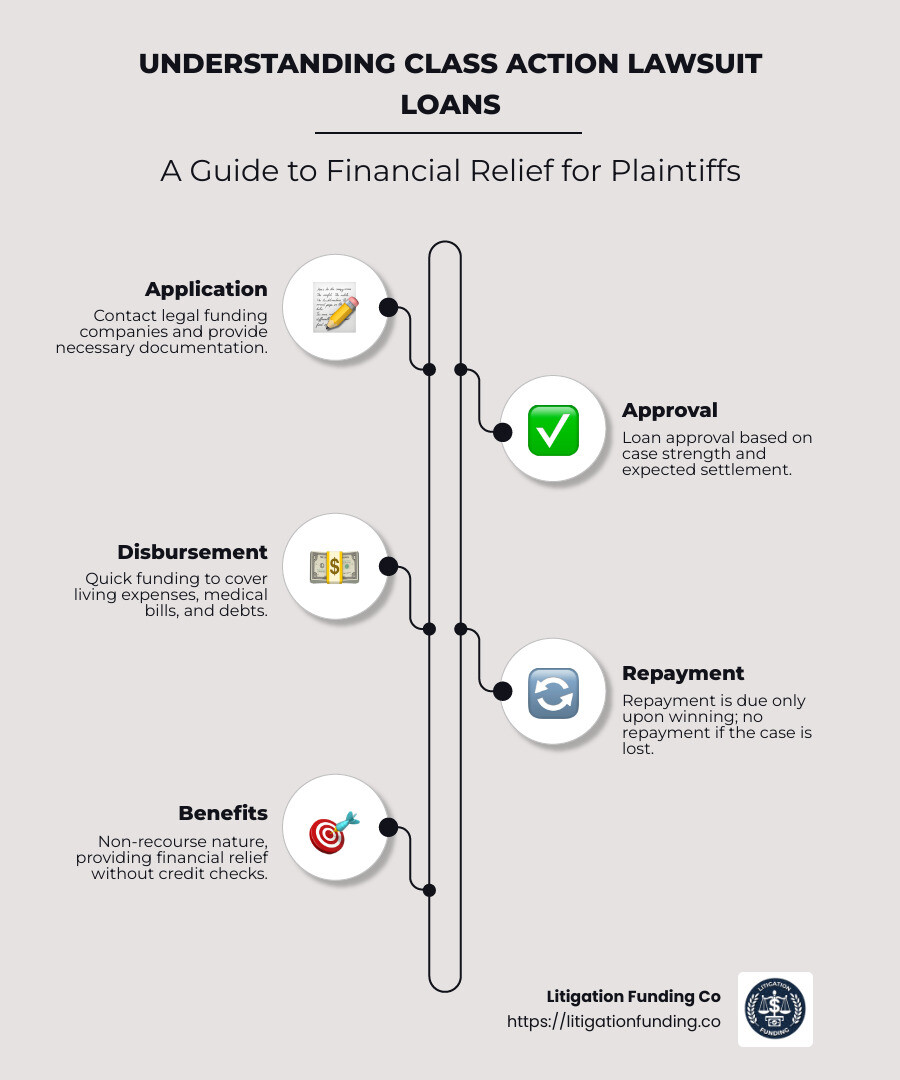 Infographic on Class Action Lawsuit Loan Companies Benefits and Process - class action lawsuit loan companies infographic infographic-line-5-steps-neat_beige