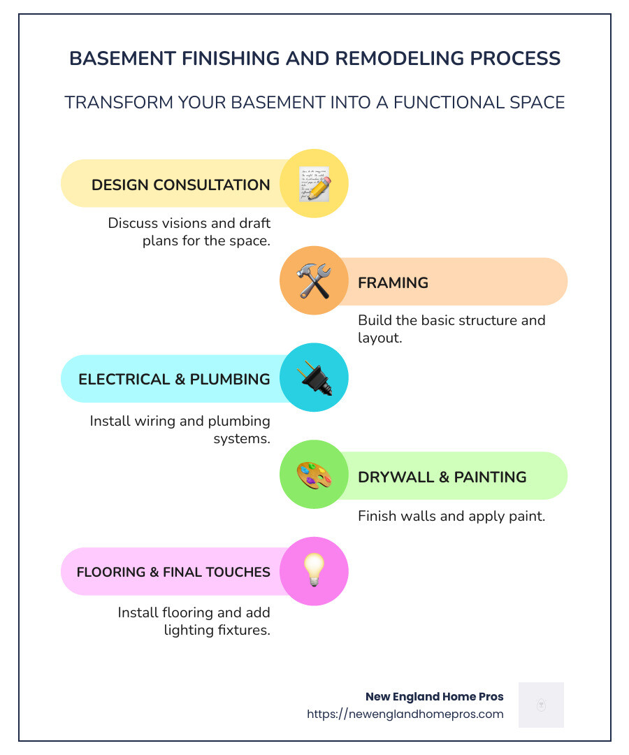 Detailed infographic on basement finishing and remodeling process, featuring steps like design consultation, framing, electrical and plumbing, drywall and painting, flooring installation, and final touches with lighting fixtures - basement finishing and remodeling infographic infographic-line-5-steps-colors