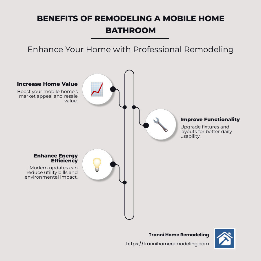 Infographic illustrating benefits of remodeling a mobile home bathroom: Increased Home Value, Improved Functionality, Energy Efficiency - mobile home bathroom remodel contractors infographic infographic-line-3-steps-neat_beige