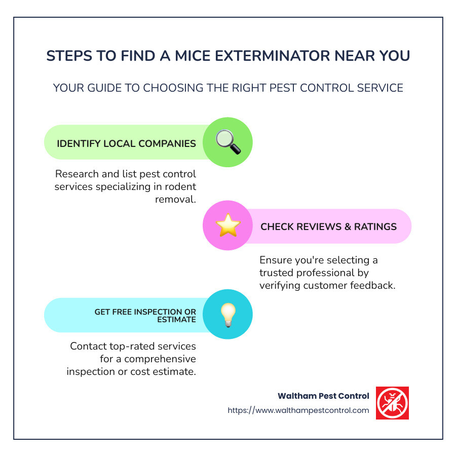 Infographic of steps to find a mice exterminator near you, including identifying companies, checking reviews, and getting a free estimate, with icons depicting each step - exterminator for mice near me infographic infographic-line-3-steps-colors
