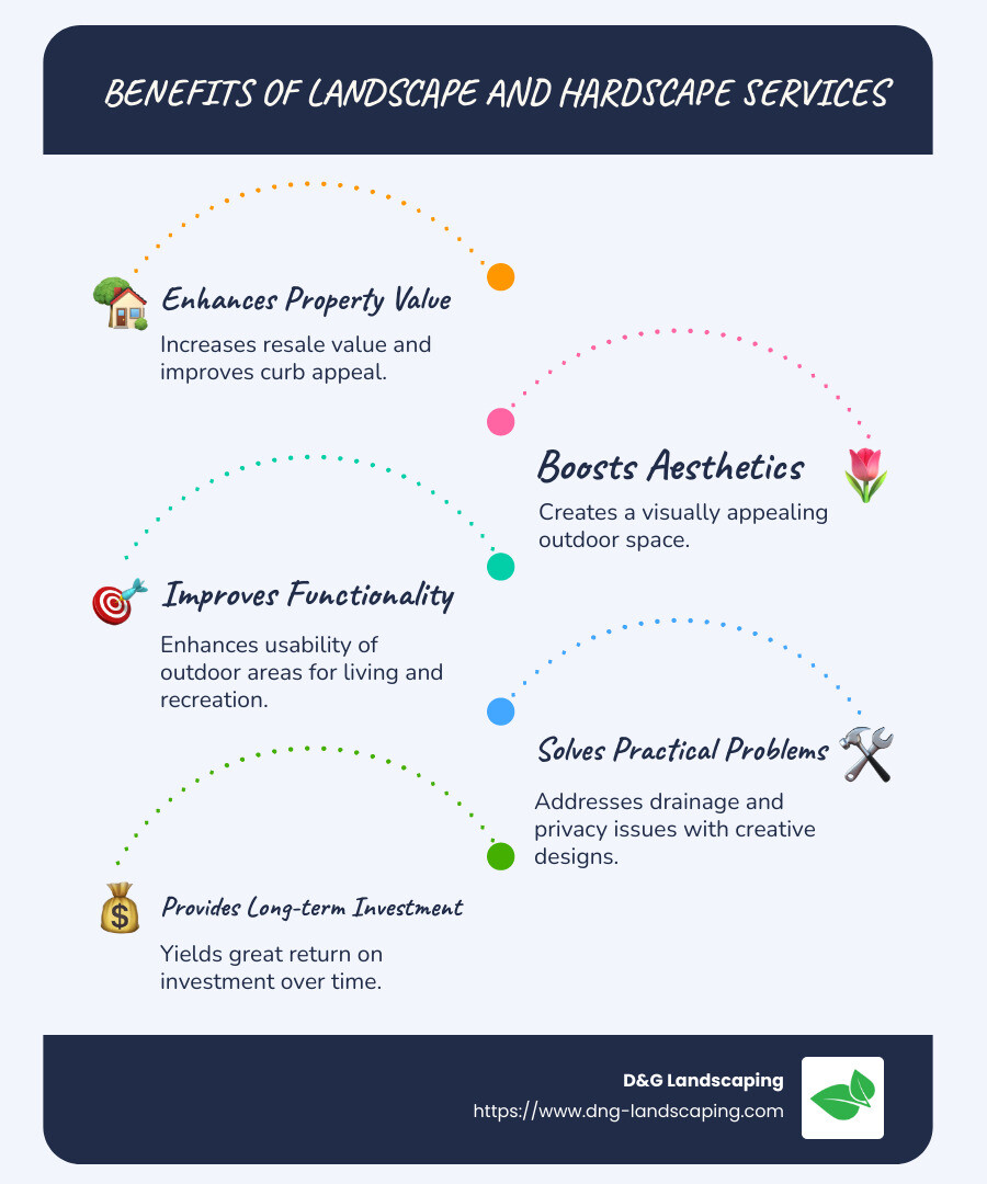 Infographic showing benefits of landscape and hardscape services: 1. Improves Property Value 2. Boosts Aesthetics 3. Improves Functionality 4. Provides Long-term Investment Returns - landscape and hardscape near me infographic infographic-line-5-steps-blues-accent_colors