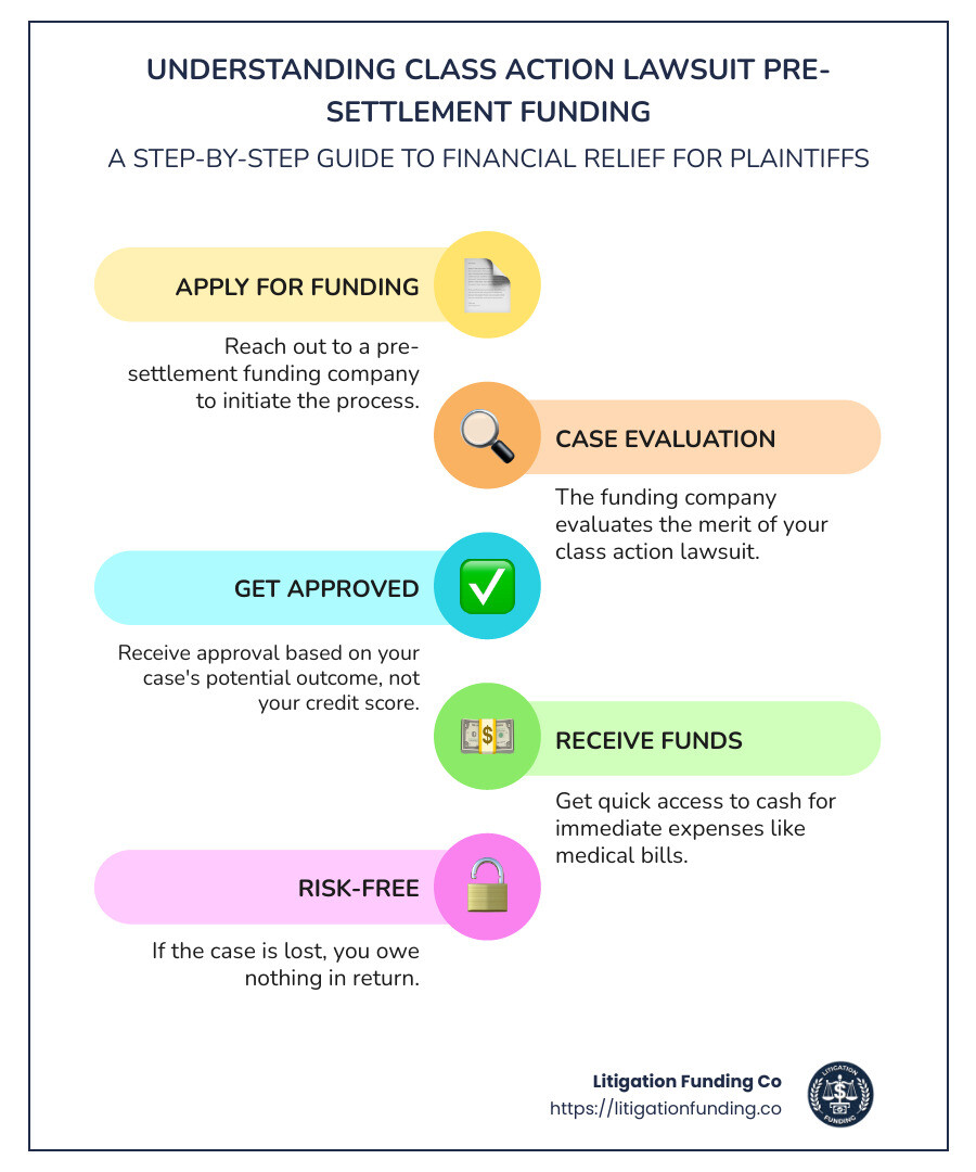 Infographic detailing the quick process and benefits of class action lawsuit pre-settlement funding, featuring timelines, risk-free conditions, no credit checks, and flexible fund usage based on your case's potential outcome. - class action lawsuit pre-settlement funding infographic infographic-line-5-steps-colors