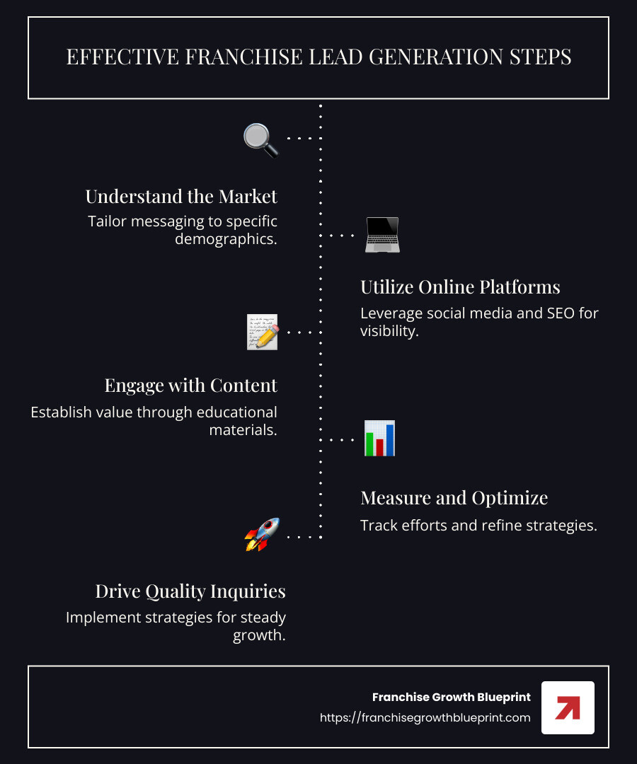 Infographic: Steps to Effective Franchise Lead Generation - Research, Platform Utilization, Content Creation, Measurement & Optimization - Franchise lead generation infographic infographic-line-5-steps-dark