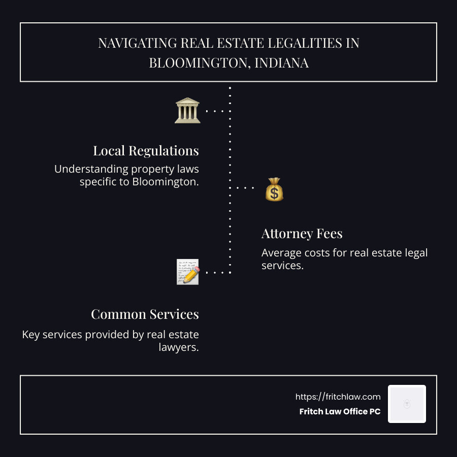 Detailed infographic with key statistics on real estate legalities in Bloomington Indiana, covering local regulations, average attorney fees, and common services provided by real estate lawyers in the area. Depicts comparisons to neighboring regions and provides a visual guide to the typical steps involved in real estate transactions facilitated by lawyers. - bloomington indiana real estate lawyers infographic infographic-line-3-steps-dark