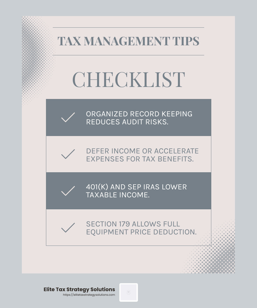Equipment deductions and tax strategies - Business tax management infographic checklist-light-blue-grey