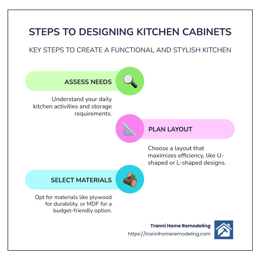 Designing Your Dream Kitchen Cabinets: A Comprehensive How-To 1 Infographic showing steps to designing kitchen cabinets: assessing needs, planning layout, selecting materials, settling on style - how to design kitchen cabinets infographic infographic-line-3-steps-colors
