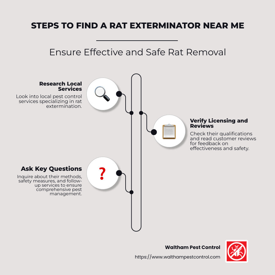 Detailed infographic showing steps in finding a rat exterminator near me, including research, verifying licenses, and checking reviews, presented with icons for each step. - rat exterminator near me infographic infographic-line-3-steps-neat_beige
