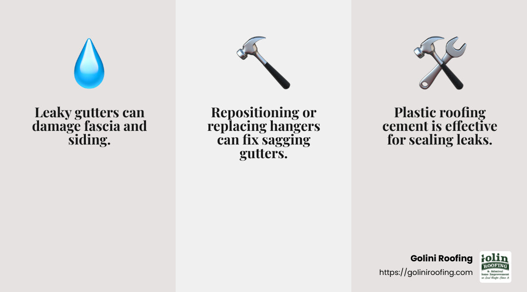 Plastic roofing cement can seal gutter leaks effectively. - rain gutter repair infographic 3_facts_emoji_grey