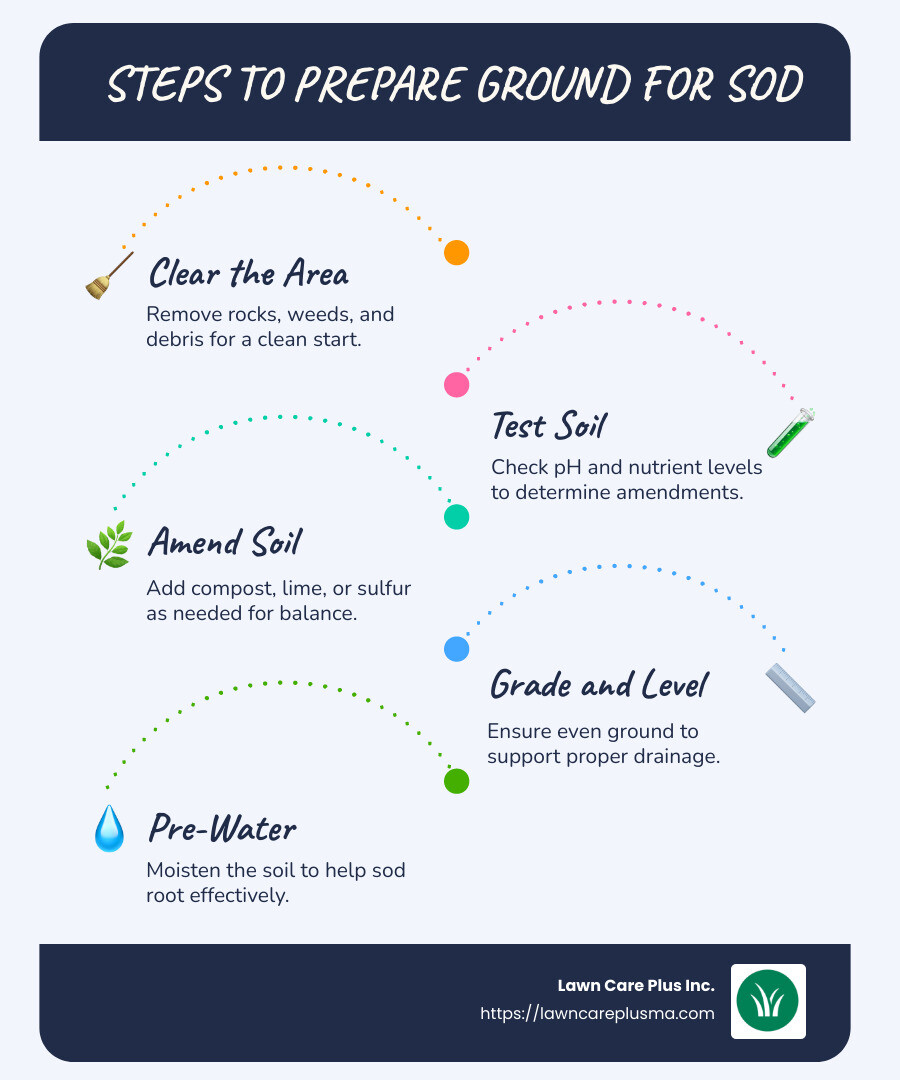 Infographic showing steps for preparing ground for sod: Clear Area, Test Soil, Amend Soil, Grade & Level, Pre-Water - how to prepare ground for sod infographic infographic-line-5-steps-blues-accent_colors