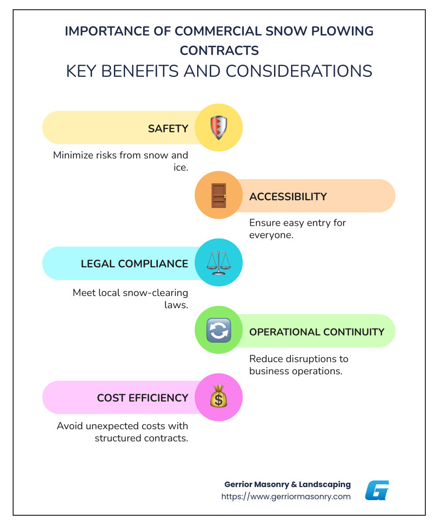 Importance of Commercial Snow Plowing Contracts: Safety, Accessibility, Compliance, Cost Benefits - commercial snow plowing contracts infographic infographic-line-5-steps-colors